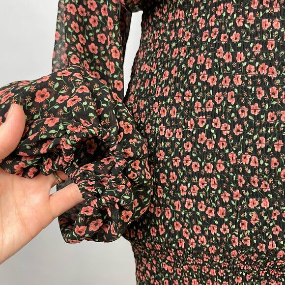 C/MEO Collective | Longevity Black Floral Sheer Smocked Long Sleeve Mini Dress - Picture 9 of 12